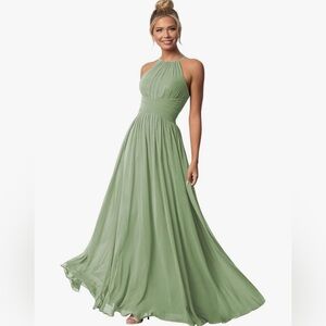 Brand new, never worn sage green chiffon halter bridesmaid dress.